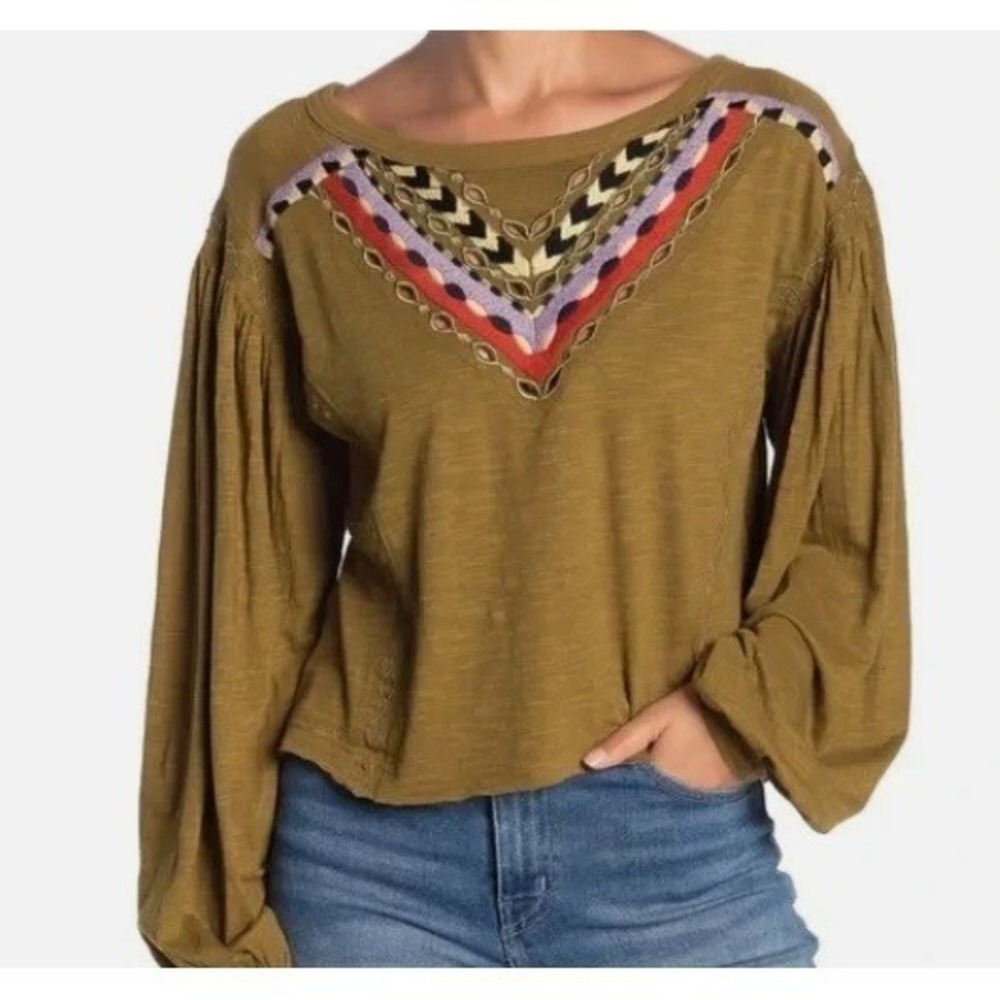 Free People Hand Me Down Embroidered Top Moss Green XS Boho Hippie Cottagecore